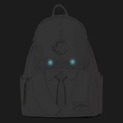 Backpack with a robot design featuring glowing eyes on a black background