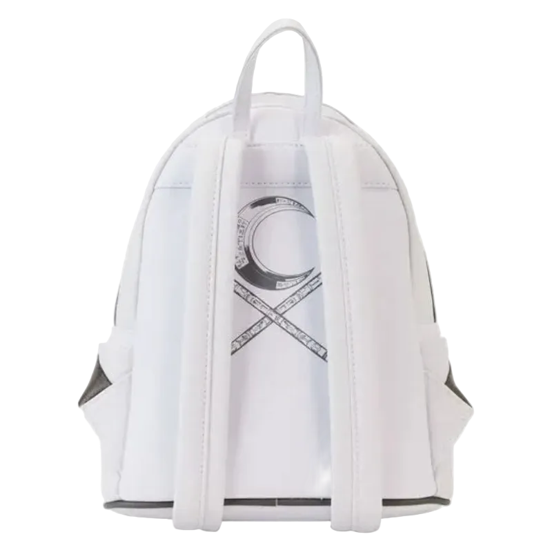 White backpack with black design on a white background