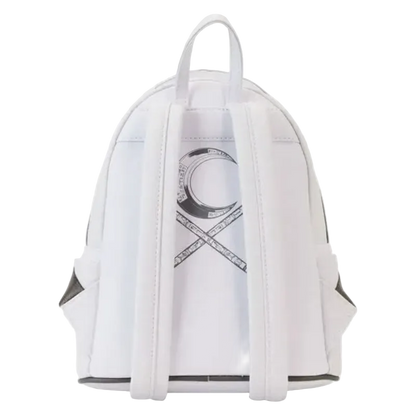 White backpack with black design on a white background
