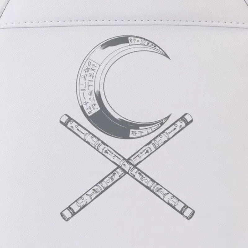 Decorative design of a crescent moon and crossed sticks on a white background