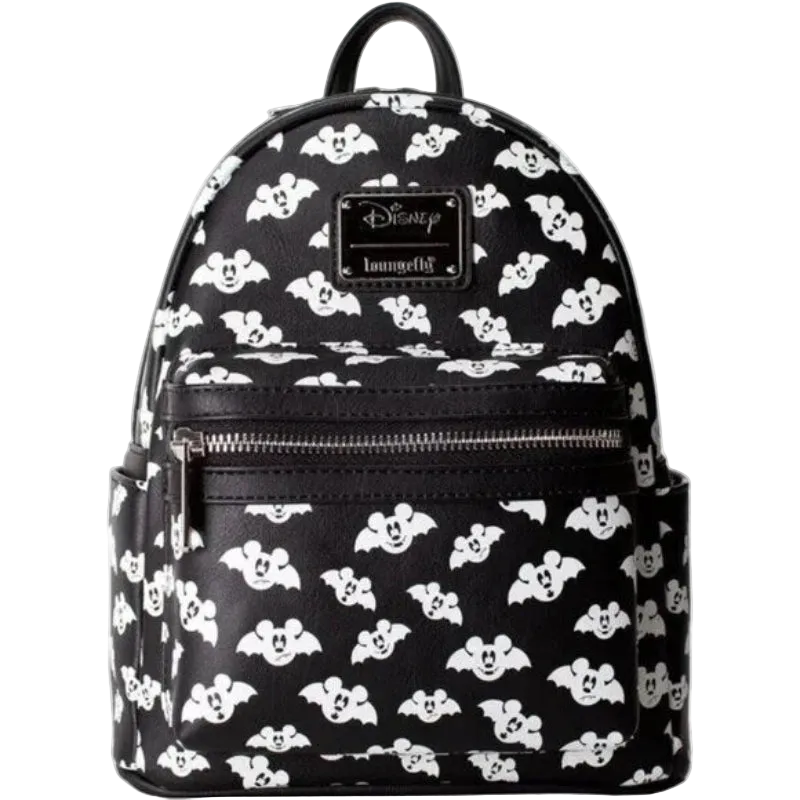 Black backpack with white Mickey Mouse faces pattern on a white background