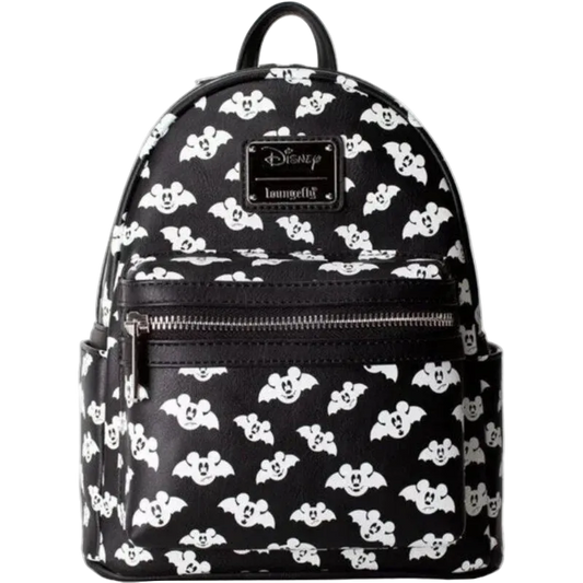 Black backpack with white Mickey Mouse faces pattern on a white background