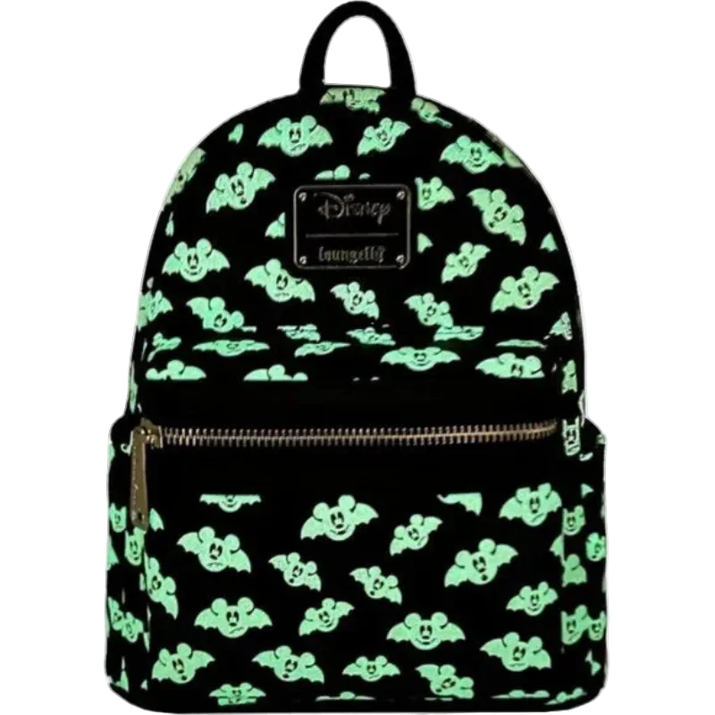 Backpack with green Mickey Mouse faces pattern on a black background, featuring a Disney Loungefly label.