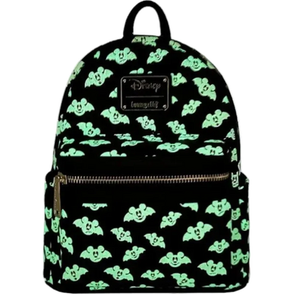 Backpack with green Mickey Mouse faces pattern on a black background, featuring a Disney Loungefly label.