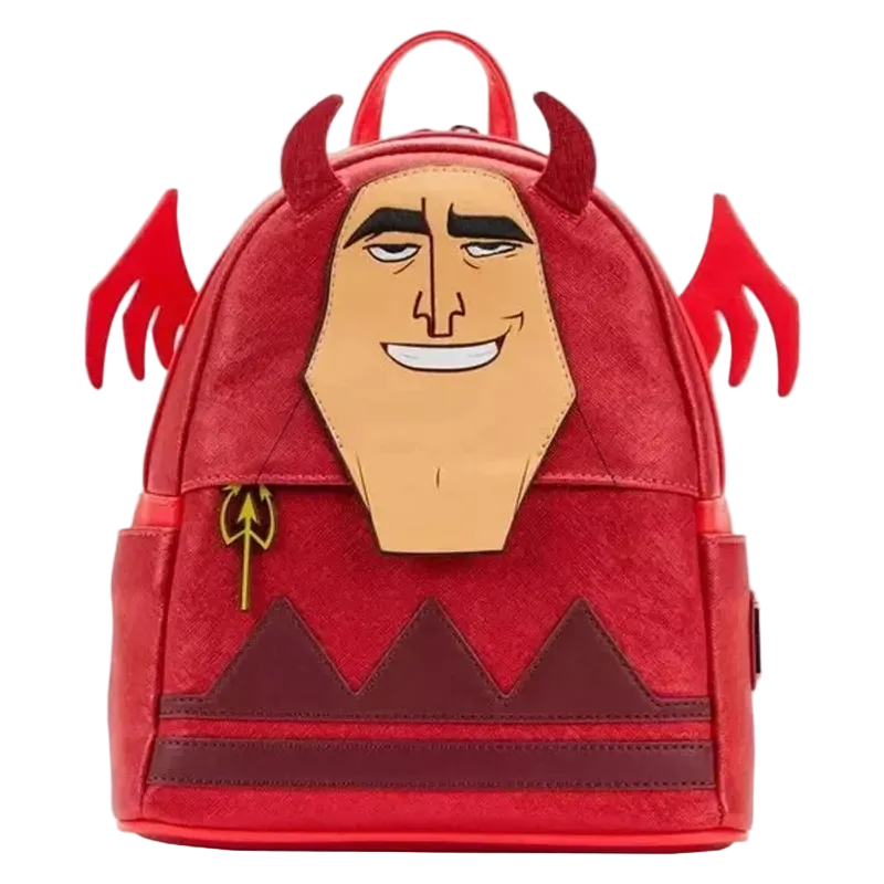 Red backpack with a cartoonish face design on a white background