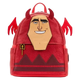 Red backpack with a cartoonish face design on a white background