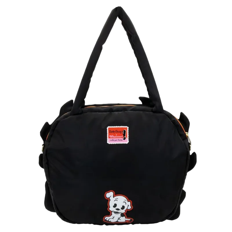 Black bag with a cartoon character and label on a white background