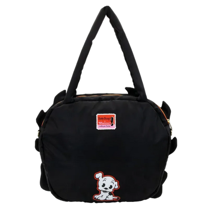 Black bag with a cartoon character and label on a white background