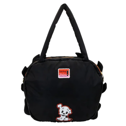 Black bag with a cartoon character and label on a white background
