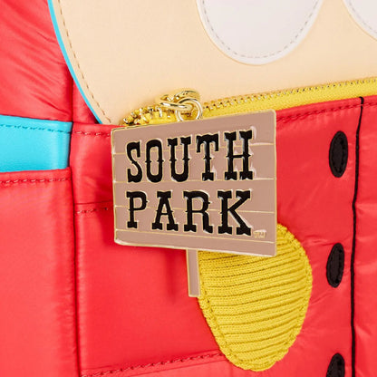 Close-up of a red character with a 'South Park' tag on a colorful background