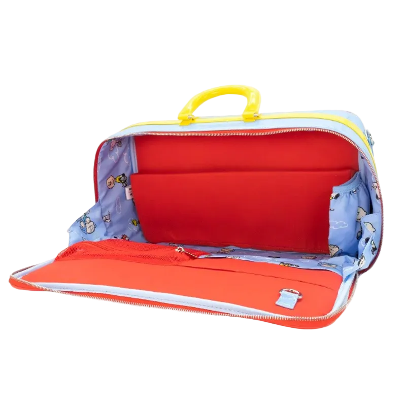 Open suitcase with red interior and blue exterior on a white background