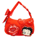 Red handbag with heart, lips, and cartoon character design on a white background