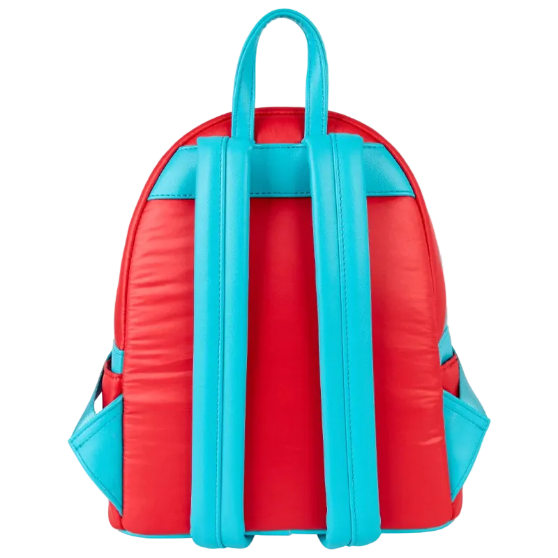 Red and blue backpack on a white background