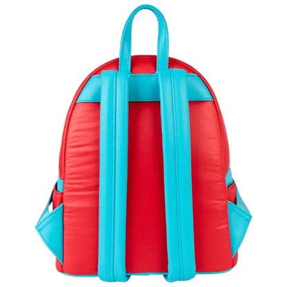 Red and blue backpack on a white background