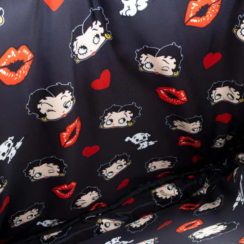 Fabric with Betty Boop and red lip prints on a black background