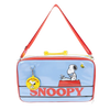 Snoopy-themed bag with a red strap and blue body featuring cartoon characters.