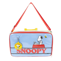 Snoopy-themed bag with a red strap and blue body featuring cartoon characters.