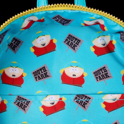 Close-up of a blue bag with South Park character and sign pattern