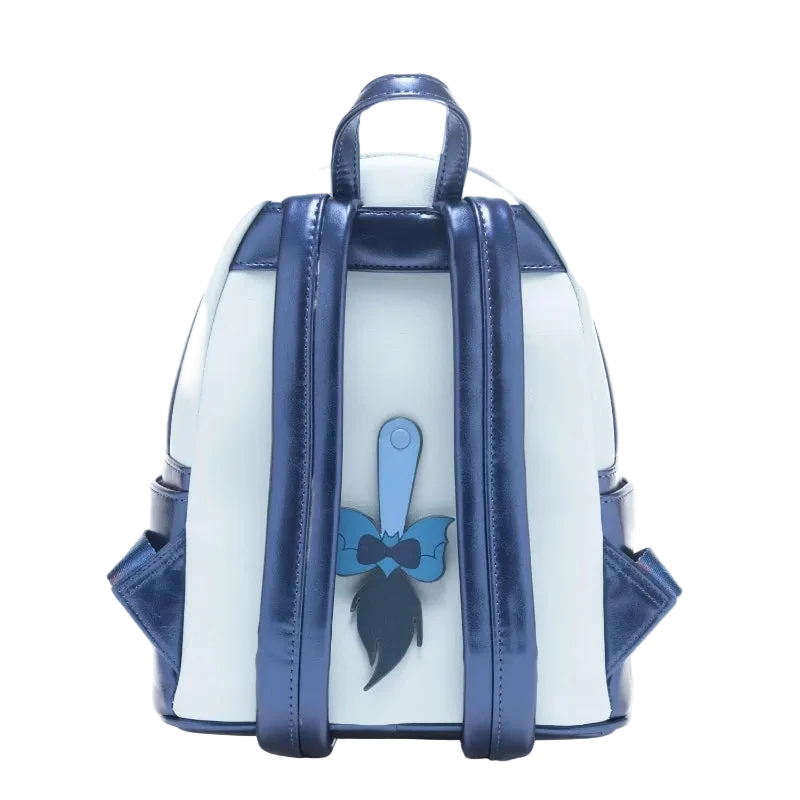 Backpack with blue accents and a bow design on a white background