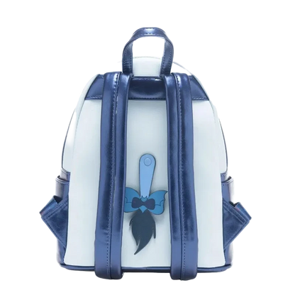 Backpack with blue accents and a bow design on a white background