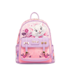 A pink and purple Disney backpack featuring Marie the cat character on the front, with floral patterns and gold-tone hardware, shown against a plain white background.