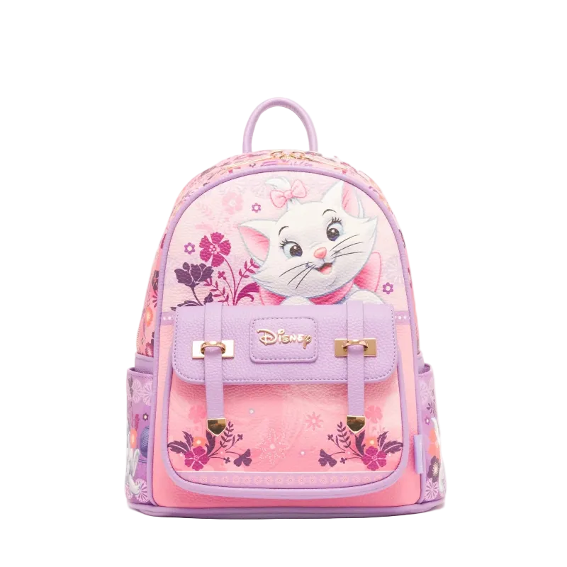 A pink and purple Disney backpack featuring Marie the cat character on the front, with floral patterns and gold-tone hardware, shown against a plain white background.