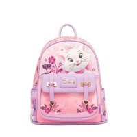 A pink and purple Disney backpack featuring Marie the cat character on the front, with floral patterns and gold-tone hardware, shown against a plain white background.