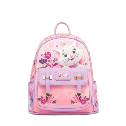 A pink and purple Disney backpack featuring Marie the cat character on the front, with floral patterns and gold-tone hardware, shown against a plain white background.