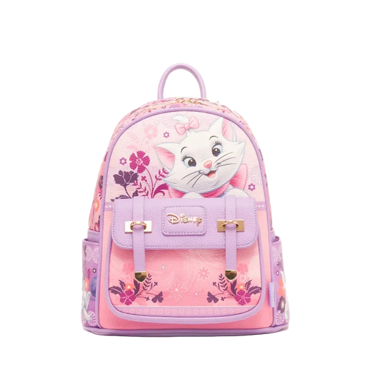 A pink and purple Disney backpack featuring Marie the cat character on the front, with floral patterns and gold-tone hardware, shown against a plain white background.