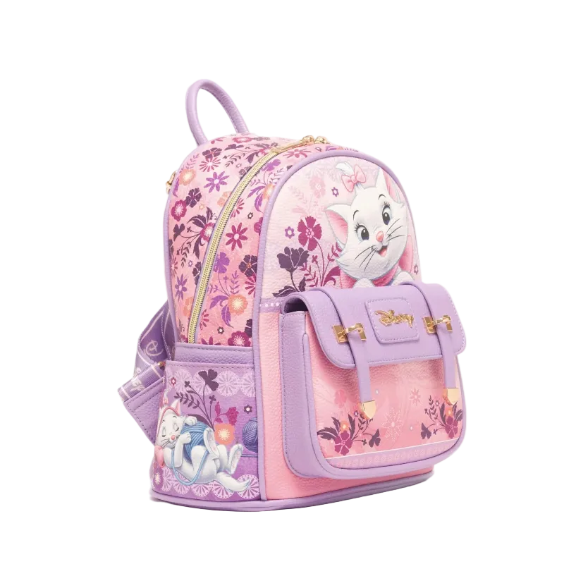 A pink and purple Disney-themed backpack featuring Marie the cat from The Little Mermaid, floral patterns, and gold-tone hardware, shown on a plain white background.