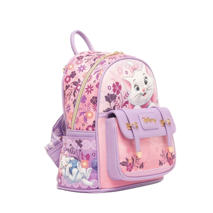 A pink and purple Disney-themed backpack featuring Marie the cat from The Little Mermaid, floral patterns, and gold-tone hardware, shown on a plain white background.