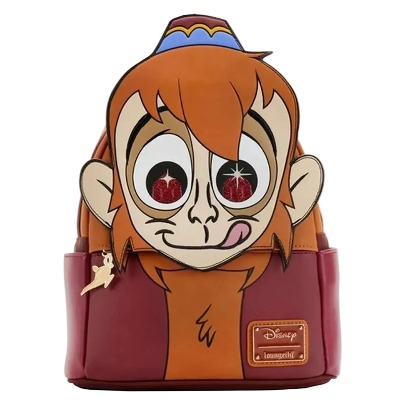 A Disney Loungyfi character backpack featuring a stylized cartoon face with orange hair, large eyes, and a red-brown body, shown on a plain white background.