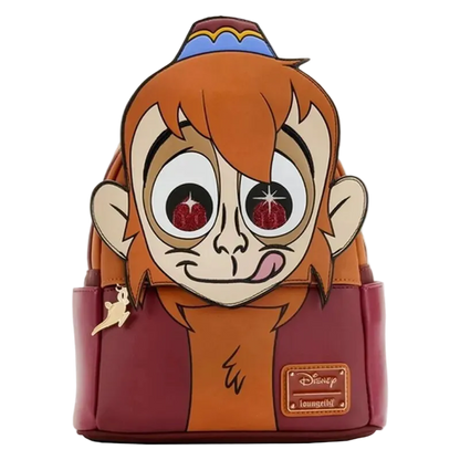 A Disney Loungyfi character backpack featuring a stylized cartoon face with orange hair, large eyes, and a red-brown body, shown on a plain white background.