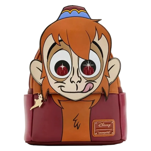 A Disney Loungyfi character backpack featuring a stylized cartoon face with orange hair, large eyes, and a red-brown body, shown on a plain white background.