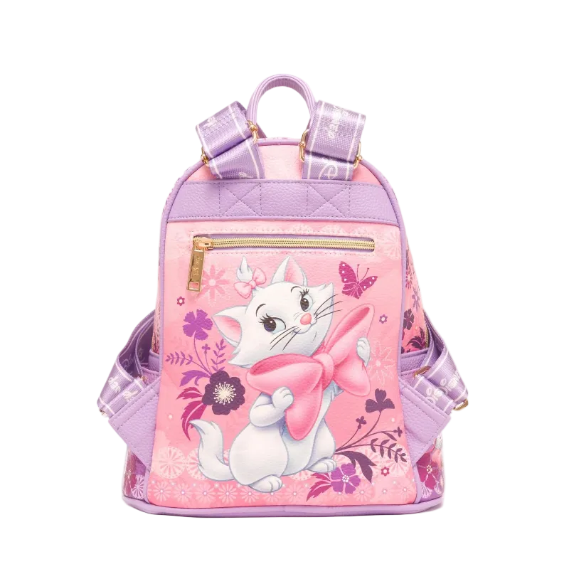 A pink and purple backpack featuring a cartoon cat character holding a pink bow, surrounded by floral and butterfly illustrations, with lavender straps and gold-tone hardware, shown on a plain white background.