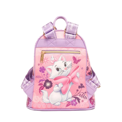 A pink and purple backpack featuring a cartoon cat character holding a pink bow, surrounded by floral and butterfly illustrations, with lavender straps and gold-tone hardware, shown on a plain white background.
