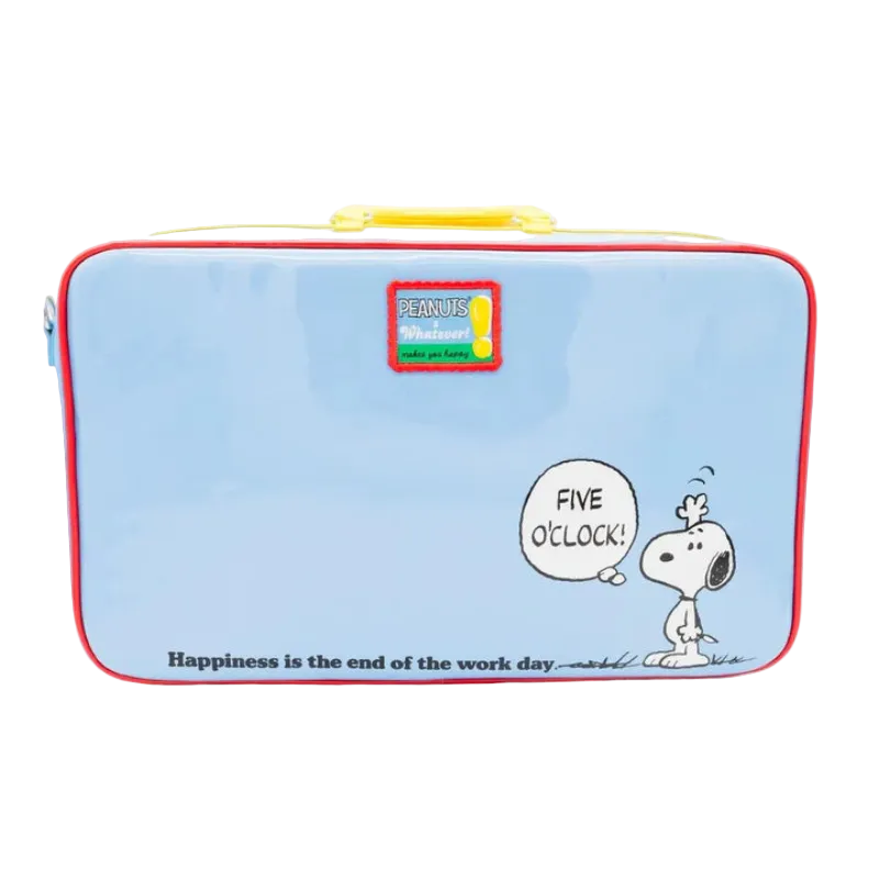 Rectangular pouch with Snoopy design and Peanuts logo on a light blue background