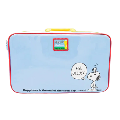 Rectangular pouch with Snoopy design and Peanuts logo on a light blue background