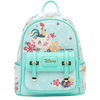 A Disney-themed mini backpack in light aqua with a colorful cartoon illustration of a unicorn, rooster, and flowers. The backpack features a front flap with two buckle straps, a top handle, and side pockets, set against a plain white background.