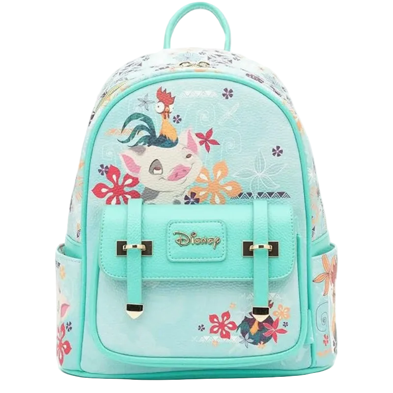 A Disney-themed mini backpack in light aqua with a colorful cartoon illustration of a unicorn, rooster, and flowers. The backpack features a front flap with two buckle straps, a top handle, and side pockets, set against a plain white background.