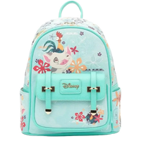 A Disney-themed mini backpack in light aqua with a colorful cartoon illustration of a unicorn, rooster, and flowers. The backpack features a front flap with two buckle straps, a top handle, and side pockets, set against a plain white background.