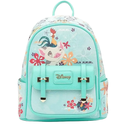 A Disney-themed mini backpack in light aqua with a colorful cartoon illustration of a unicorn, rooster, and flowers. The backpack features a front flap with two buckle straps, a top handle, and side pockets, set against a plain white background.