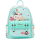A Disney-themed mini backpack in light aqua with a colorful cartoon illustration of a unicorn, rooster, and flowers. The backpack features a front flap with two buckle straps, a top handle, and side pockets, set against a plain white background.