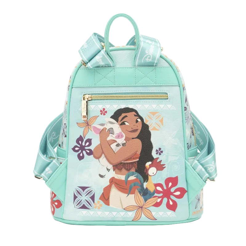 A mint green backpack featuring a colorful graphic of Disney's Moana holding her pet pig, with Polynesian-inspired geometric patterns and floral accents.
