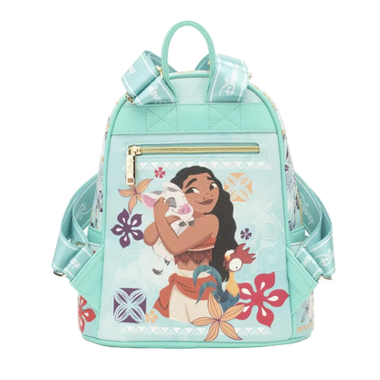 A mint green backpack featuring a colorful graphic of Disney's Moana holding her pet pig, with Polynesian-inspired geometric patterns and floral accents.