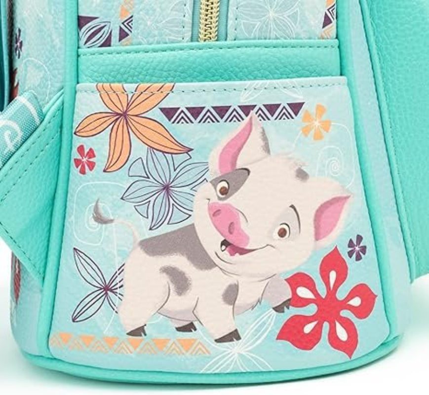 A close-up of a turquoise backpack featuring a front pocket with a cartoon illustration of Pua'lo'o, the pig character from Moana, surrounded by colorful floral and geometric patterns.
