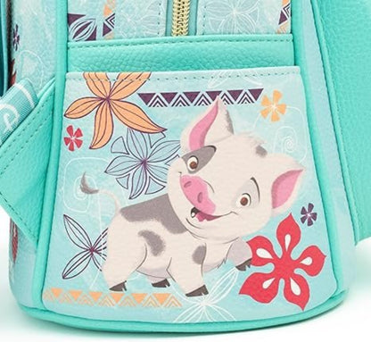 A close-up of a turquoise backpack featuring a front pocket with a cartoon illustration of Pua'lo'o, the pig character from Moana, surrounded by colorful floral and geometric patterns.