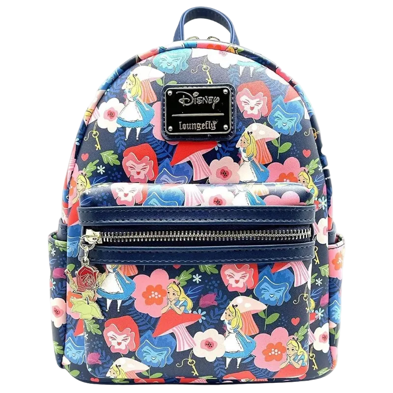 Backpack with colorful Disney-themed design on a white background
