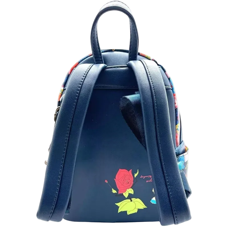 Blue backpack with floral embroidery on a white background