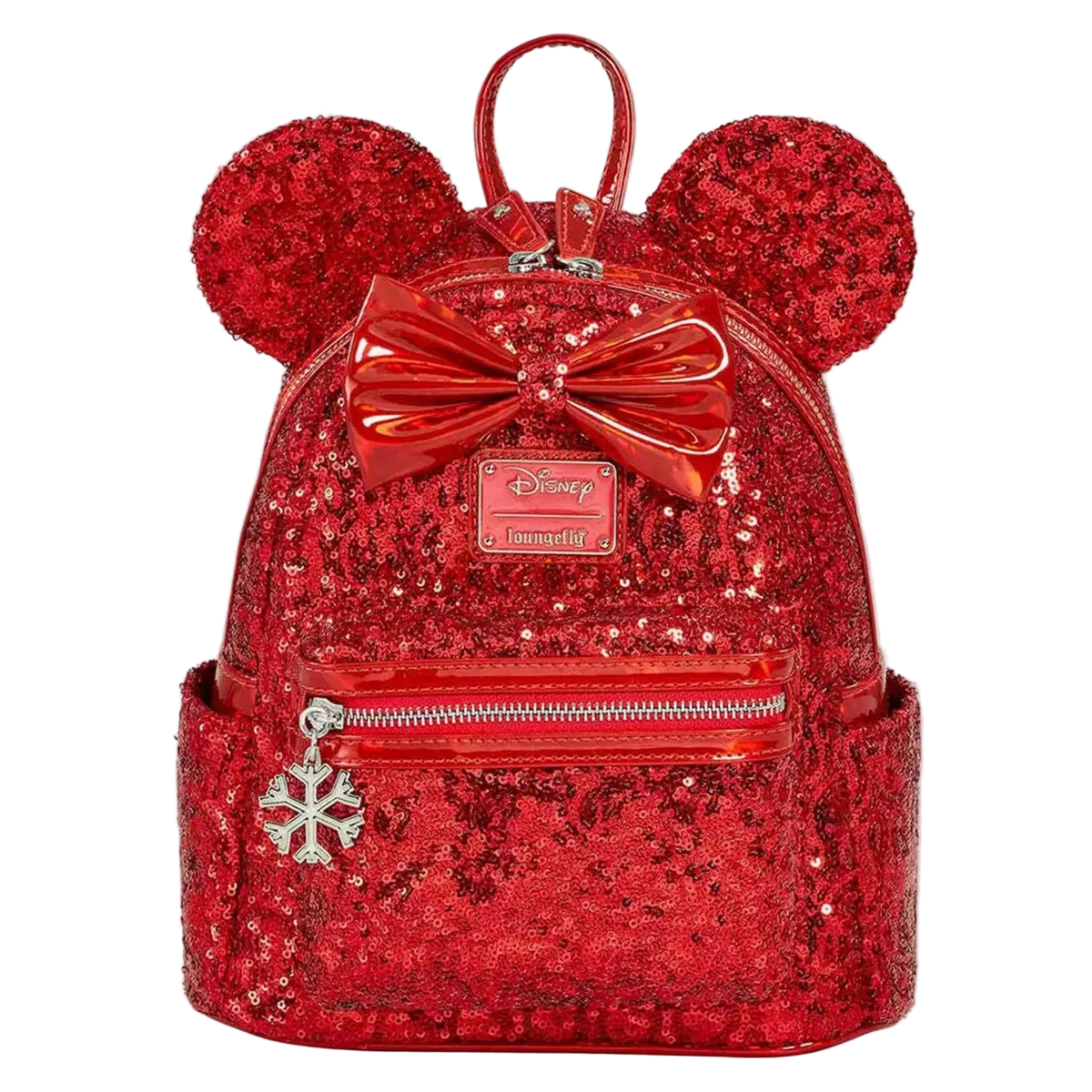 A red sequined mini backpack featuring Minnie Mouse ears, a large shiny red bow, and a silver snowflake charm, shown on a plain white background.